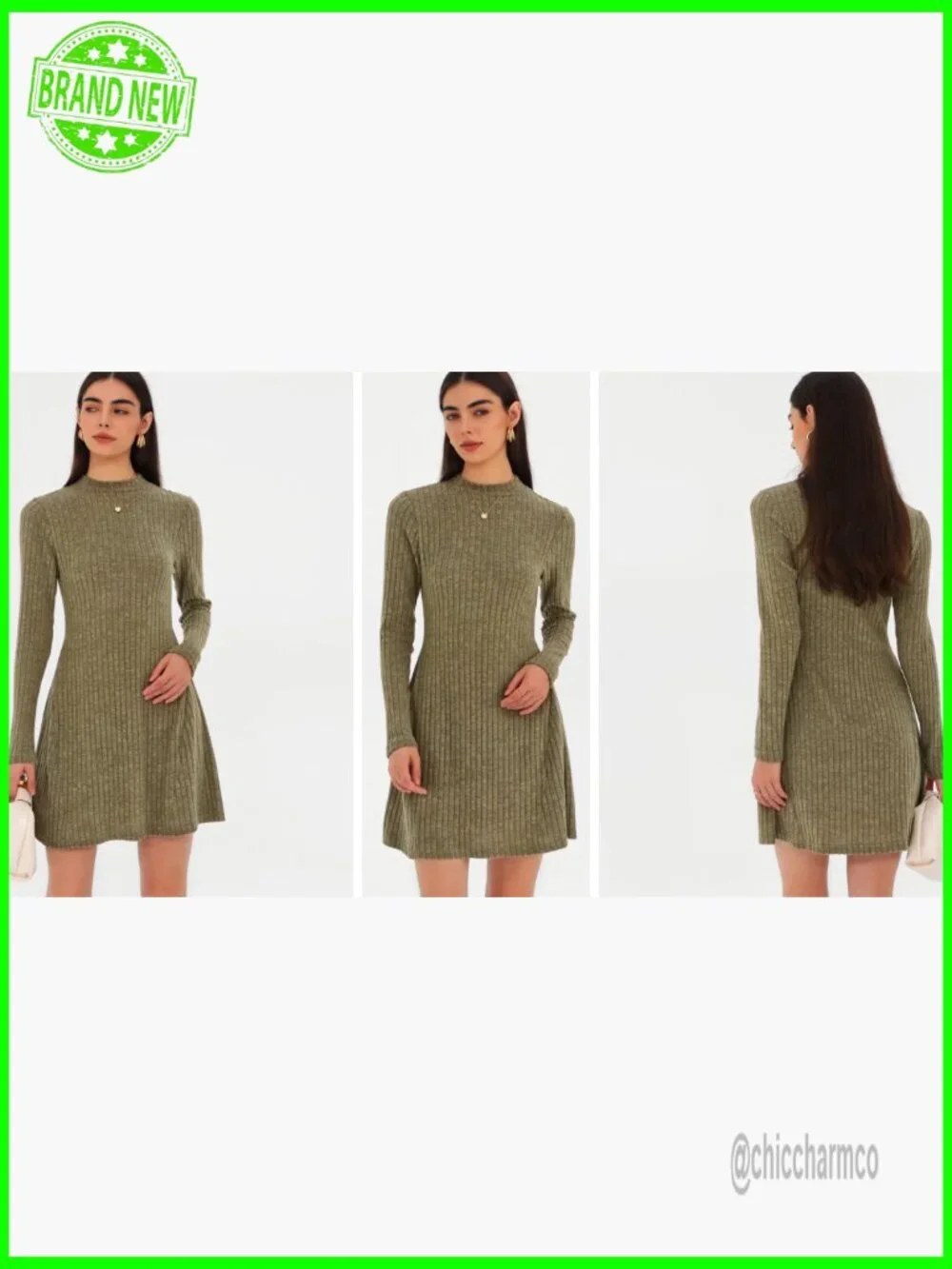 Ribbed Knit Mock Neck A-Line Sweater Dress Long Sleeve Fit Flare - Picture 5 of 6